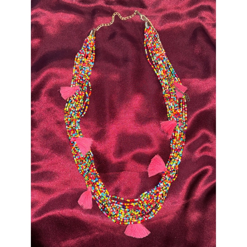 Rainbow Seed Bead Multi Strand Tassel Necklace Boho Statement Jewel Pink Tassels